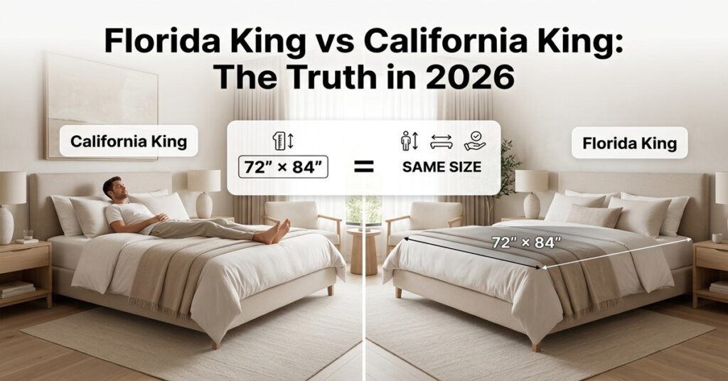 **Featured Image Prompt (High CTR + SEO Optimized):** Create a realistic, high-resolution lifestyle comparison image showing a modern luxury bedroom split into two halves. On the left side, display a **California King bed (72” × 84”)** with a tall sleeper comfortably stretched out, emphasizing legroom. On the right side, show a visually identical bed labeled as **“Florida King”** with a subtle overlay indicating it is the same size as California King. Include a clean, modern infographic-style comparison overlay showing dimensions (72” × 84”) and a simple “= SAME SIZE” visual cue. The bedroom should look premium, soft natural lighting, neutral tones (beige, white, light wood), and a calm luxury hotel aesthetic. Add a bold, eye-catching title at the top center: **“Florida King vs California King: The Truth in 2026”** florida king bed vs california king