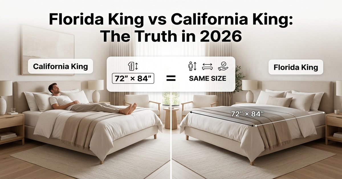 **Featured Image Prompt (High CTR + SEO Optimized):** Create a realistic, high-resolution lifestyle comparison image showing a modern luxury bedroom split into two halves. On the left side, display a **California King bed (72” × 84”)** with a tall sleeper comfortably stretched out, emphasizing legroom. On the right side, show a visually identical bed labeled as **“Florida King”** with a subtle overlay indicating it is the same size as California King. Include a clean, modern infographic-style comparison overlay showing dimensions (72” × 84”) and a simple “= SAME SIZE” visual cue. The bedroom should look premium, soft natural lighting, neutral tones (beige, white, light wood), and a calm luxury hotel aesthetic. Add a bold, eye-catching title at the top center: **“Florida King vs California King: The Truth in 2026”** florida king bed vs california king